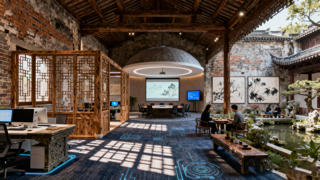 1762313211 jimeng 2025 11 05 7839 中式旧建筑改造的现代办公空间，保留原始砖墙与木梁结构，开放式办公区搭配传统榫卯结